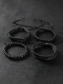 4入组/套男士極簡串珠細繩手鏈,適用於首飾類禮品和派對 - 黑色 - 查看 1
