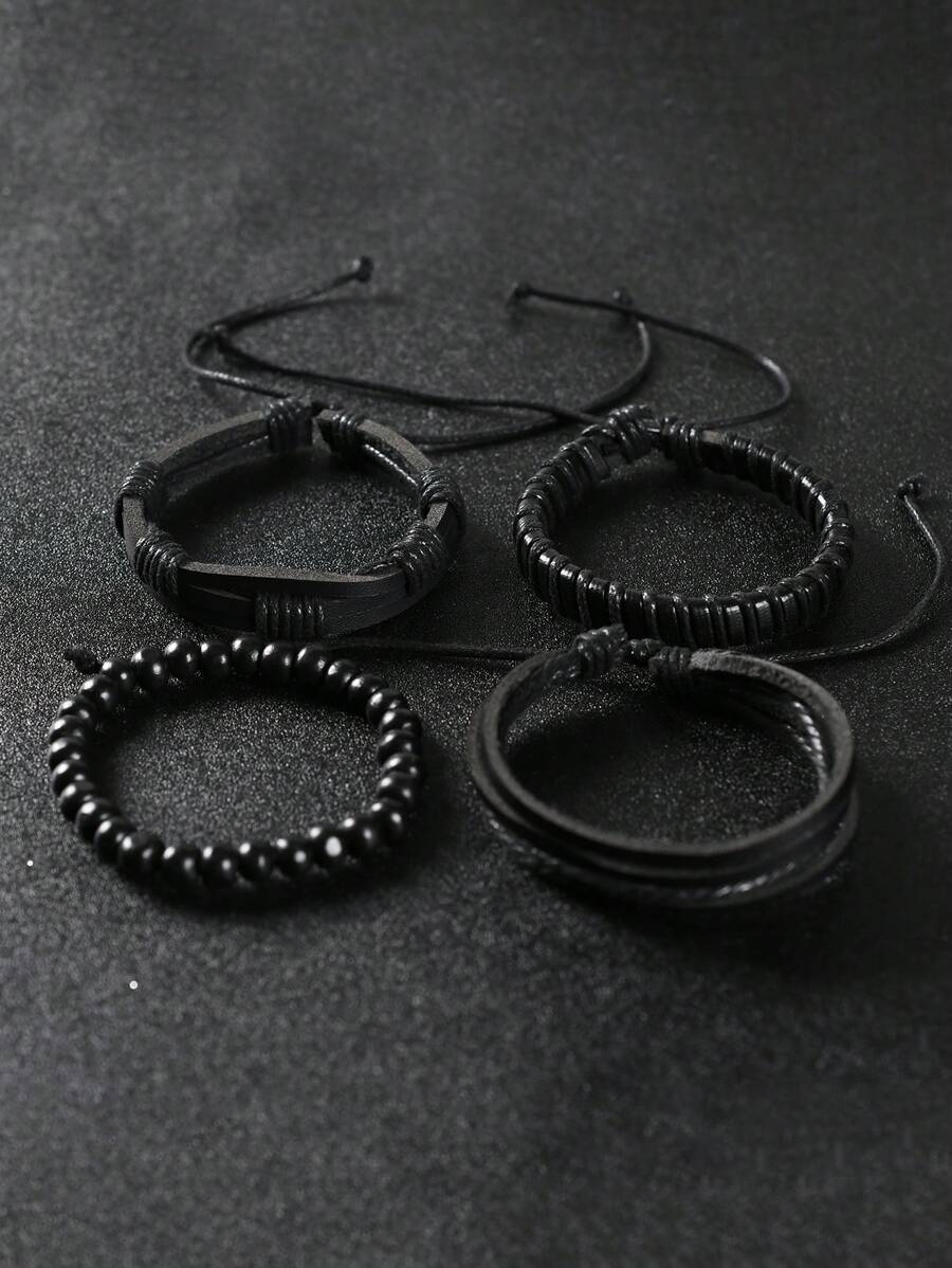4入组/套男士極簡串珠細繩手鏈,適用於首飾類禮品和派對 - 黑色 - 查看 1