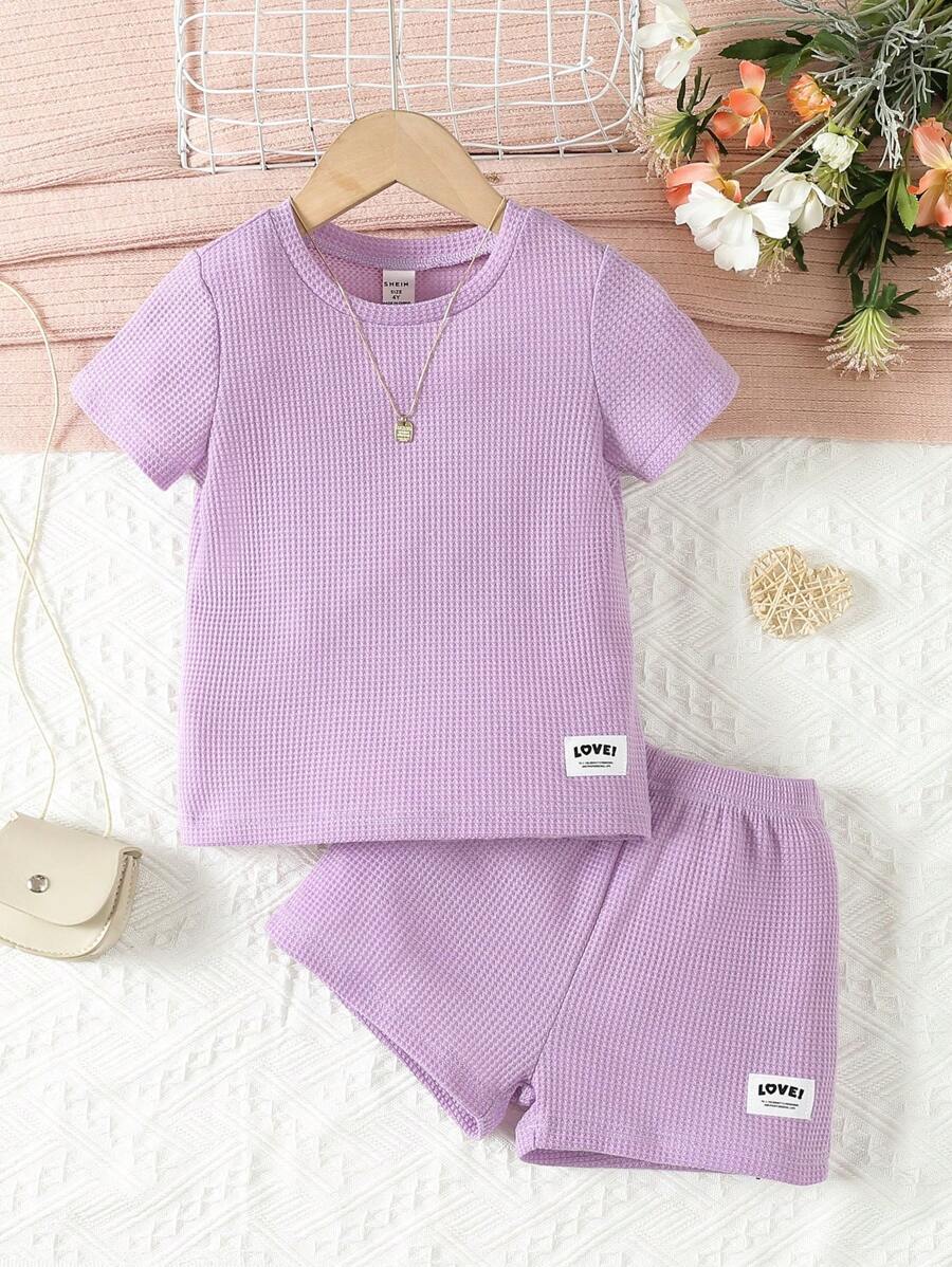 小女童字母補丁細節T恤和短褲 - 紫丁香色 - 查看 1
