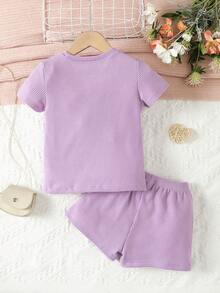 小女童字母補丁細節T恤和短褲 - 紫丁香色 - 查看 2