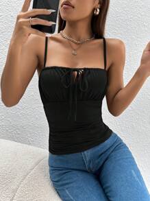 SHEIN PETITE Tie Front Ruched Bust Cami Top - Black - View 1