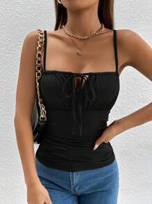 SHEIN PETITE Tie Front Ruched Bust Cami Top - Black - View 3