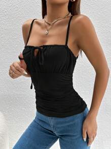 SHEIN PETITE Tie Front Ruched Bust Cami Top - Black - View 4