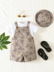 SHEIN 小男童棕櫚樹印花背帶連體短褲和配件帽不帶T恤