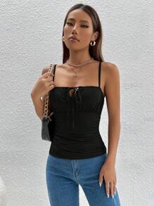 SHEIN PETITE Tie Front Ruched Bust Cami Top - Black - View 5