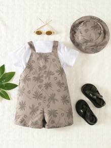 SHEIN 小男童棕櫚樹印花背帶連體短褲和配件帽不帶T恤