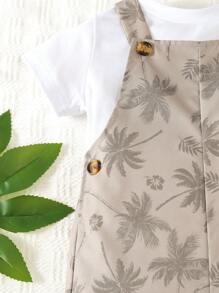 SHEIN 小男童棕櫚樹印花背帶連體短褲和配件帽不帶T恤