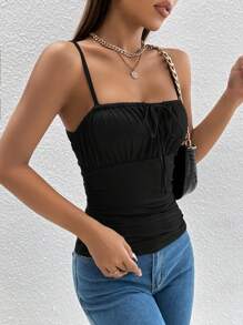 SHEIN PETITE Tie Front Ruched Bust Cami Top - Black - View 6