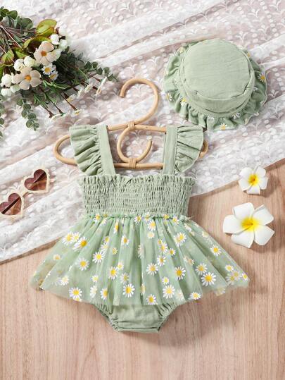 SHEIN Vintaside Kids 2 件套女婴连体衣带帽，可爱休闲日常优雅度假雏菊网眼，适合春夏户外活动