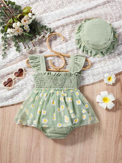 SHEIN Vintaside Kids 2pcs/Set Baby Girl Bodysuit With Hat, Cute Casual Daily Elegant Resort Daisy Mesh, Suitable For Spring/Summer Outdoor Activities