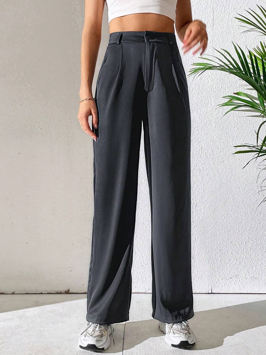 SHEIN Tall 拼接細節直筒褲 - 深灰色 - 查看 1