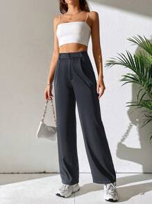 SHEIN Tall 拼接細節直筒褲 - 深灰色 - 查看 3