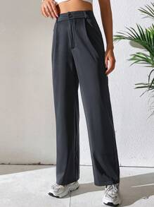 SHEIN Tall 拼接細節直筒褲 - 深灰色 - 查看 5