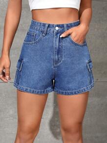 SHEIN EZwear Quần short denim nữ Túi Dây kéo Nút màu trơn - Rửa tối - Xem 6