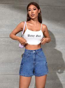 SHEIN EZwear Quần short denim nữ Túi Dây kéo Nút màu trơn - Rửa tối - Xem 3
