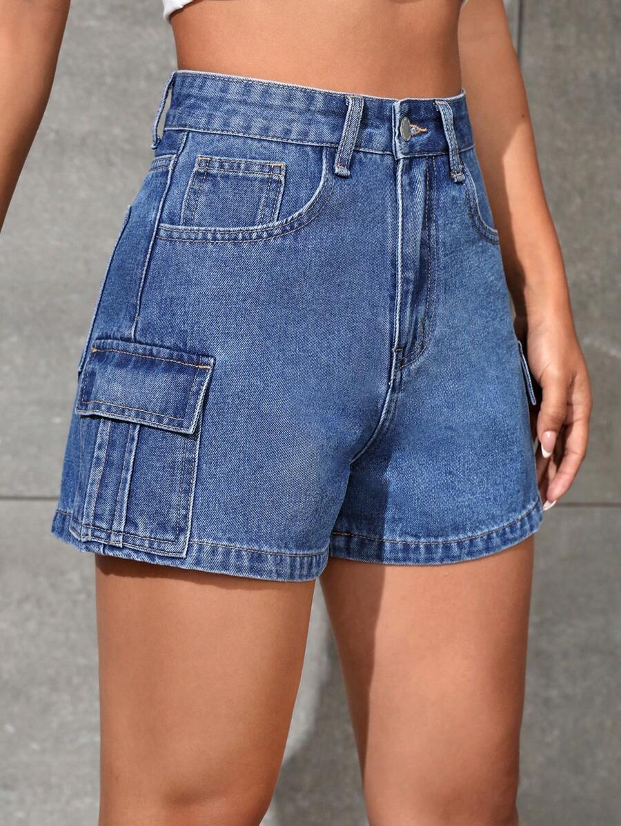 SHEIN EZwear Quần short denim nữ Túi Dây kéo Nút màu trơn - Rửa tối - Xem 1
