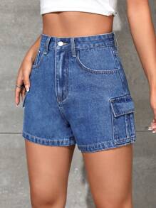 SHEIN EZwear Quần short denim nữ Túi Dây kéo Nút màu trơn - Rửa tối - Xem 4