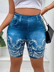 Calvaya Plus Size Women's Digital Printed Leggings With Denim Effect - Blue - View 1