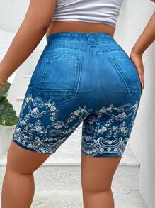 Calvaya Plus Size Women's Digital Printed Leggings With Denim Effect - Blue - View 2