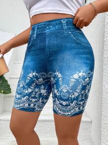 Calvaya Plus Size Women's Digital Printed Leggings With Denim Effect - Blue - View 4