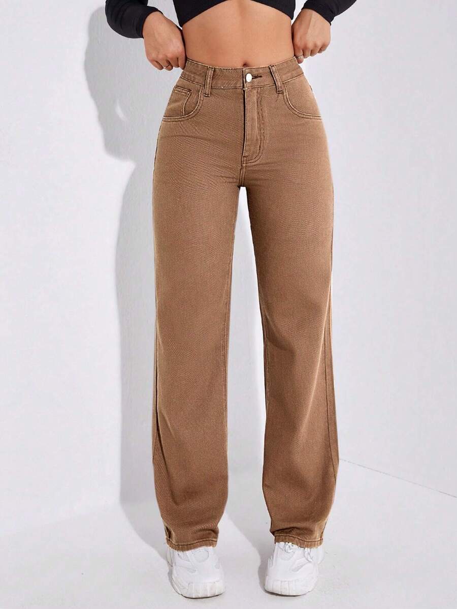 SHEIN EZwear Solid Straight Leg Jeans - Brown - View 1