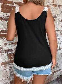 SHEIN Holidaya Plus Contrast Lace Tank Top Graphic Tees Women Tops - Black - View 2