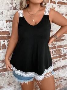 SHEIN Holidaya Plus Contrast Lace Tank Top Graphic Tees Women Tops - Black - View 4