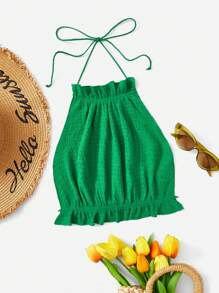 Soleia Solid Ruffle Hem Halter Top - Green - View 2