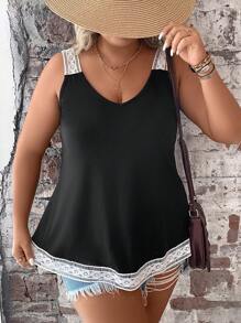 SHEIN Holidaya Plus Contrast Lace Tank Top Graphic Tees Women Tops - Black - View 6