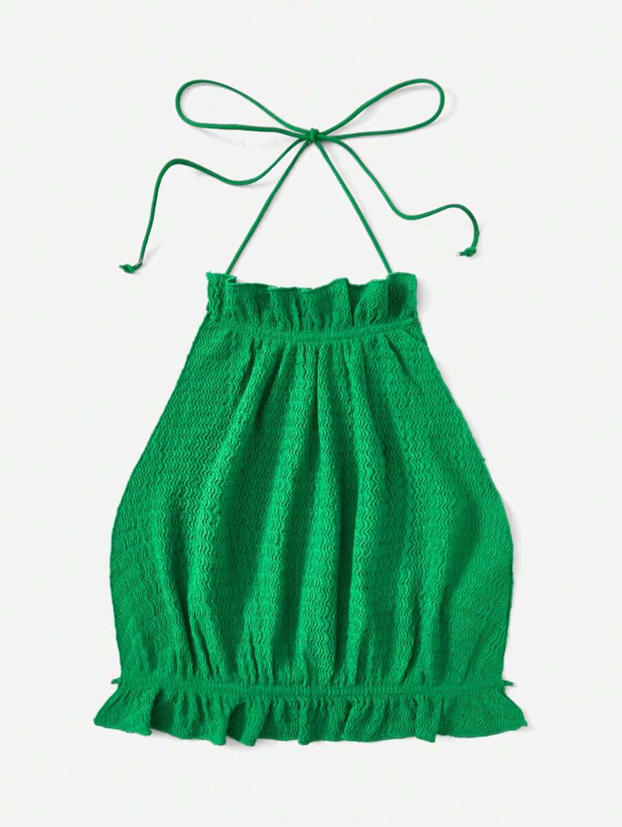 Soleia Solid Ruffle Hem Halter Top - Green - View 1