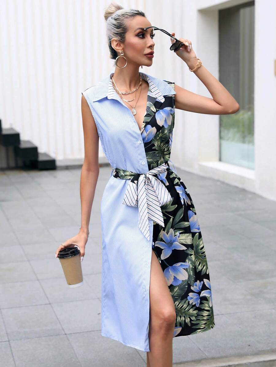 SHEIN Clasi Tropical Print Belted Shirt Dress - Multicolor - View 1