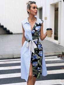 SHEIN Clasi Tropical Print Belted Shirt Dress - Multicolor - View 4