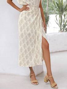 GENKIRA 滿版印花側打結裹身裙 - 杏色 - 查看 1