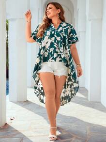SHEIN VCAY Plus Floral Print High Low Hem Blouse - Multicolor - View 6