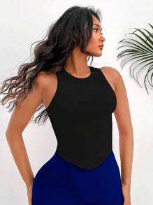 SHEIN Sports 纯色弧形下摆运动背心修身衬衫 - 黑色 - 查看 1