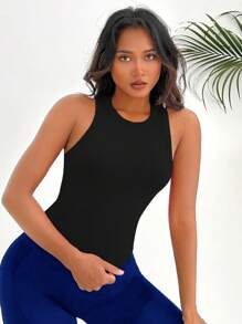 SHEIN Sports 纯色弧形下摆运动背心修身衬衫 - 黑色 - 查看 5