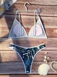 Bañador bikini triángulo con estampado tropical unido en contraste - Multicolor - Ver 4