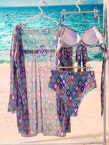 Bộ Bikini In Hoa Toàn Thân Kèm Kimono, Cho Kỳ Nghỉ Hè Ở Bãi Biển - Nhiều màu - Xem 4