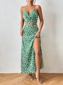 SHEIN Frenchy Bộ đồ hai mảnh nữ Trọn gói Dây kéo Tách cao Họa tiết hoa Boho - màu xanh lá - Xem 1