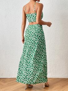 SHEIN Frenchy Bộ đồ hai mảnh nữ Trọn gói Dây kéo Tách cao Họa tiết hoa Boho - màu xanh lá - Xem 2