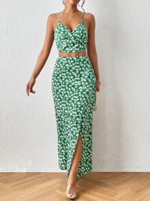 SHEIN Frenchy Bộ đồ hai mảnh nữ Trọn gói Dây kéo Tách cao Họa tiết hoa Boho - màu xanh lá - Xem 4