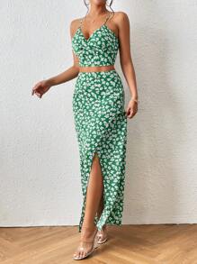 SHEIN Frenchy Bộ đồ hai mảnh nữ Trọn gói Dây kéo Tách cao Họa tiết hoa Boho - màu xanh lá - Xem 5