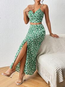 SHEIN Frenchy Bộ đồ hai mảnh nữ Trọn gói Dây kéo Tách cao Họa tiết hoa Boho - màu xanh lá - Xem 6