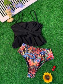 Paisley Print Ruffle Hem Tankini Bãi biển mùa hè - Nhiều màu - Xem 4
