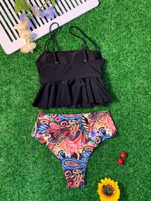 Paisley Print Ruffle Hem Tankini Bãi biển mùa hè - Nhiều màu - Xem 5