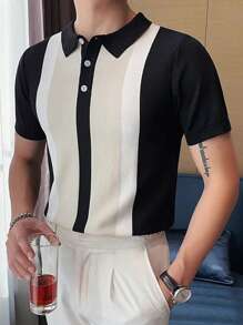 Men Colourblock Polo Neck Knit Top - Black - View 1