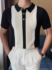 Men Colourblock Polo Neck Knit Top - Black - View 4