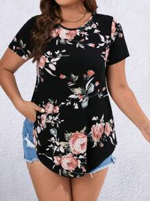 EMERY ROSE 大碼印花弧形下擺T恤 - 黑色 - 查看 3