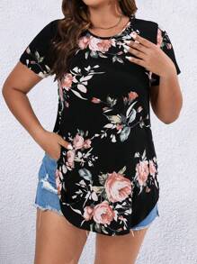 EMERY ROSE 大碼印花弧形下擺T恤 - 黑色 - 查看 5