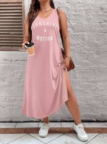 SHEIN LUNE Đầm Plus Size Chia Lá thư Giải trí - Hồng - Xem 1